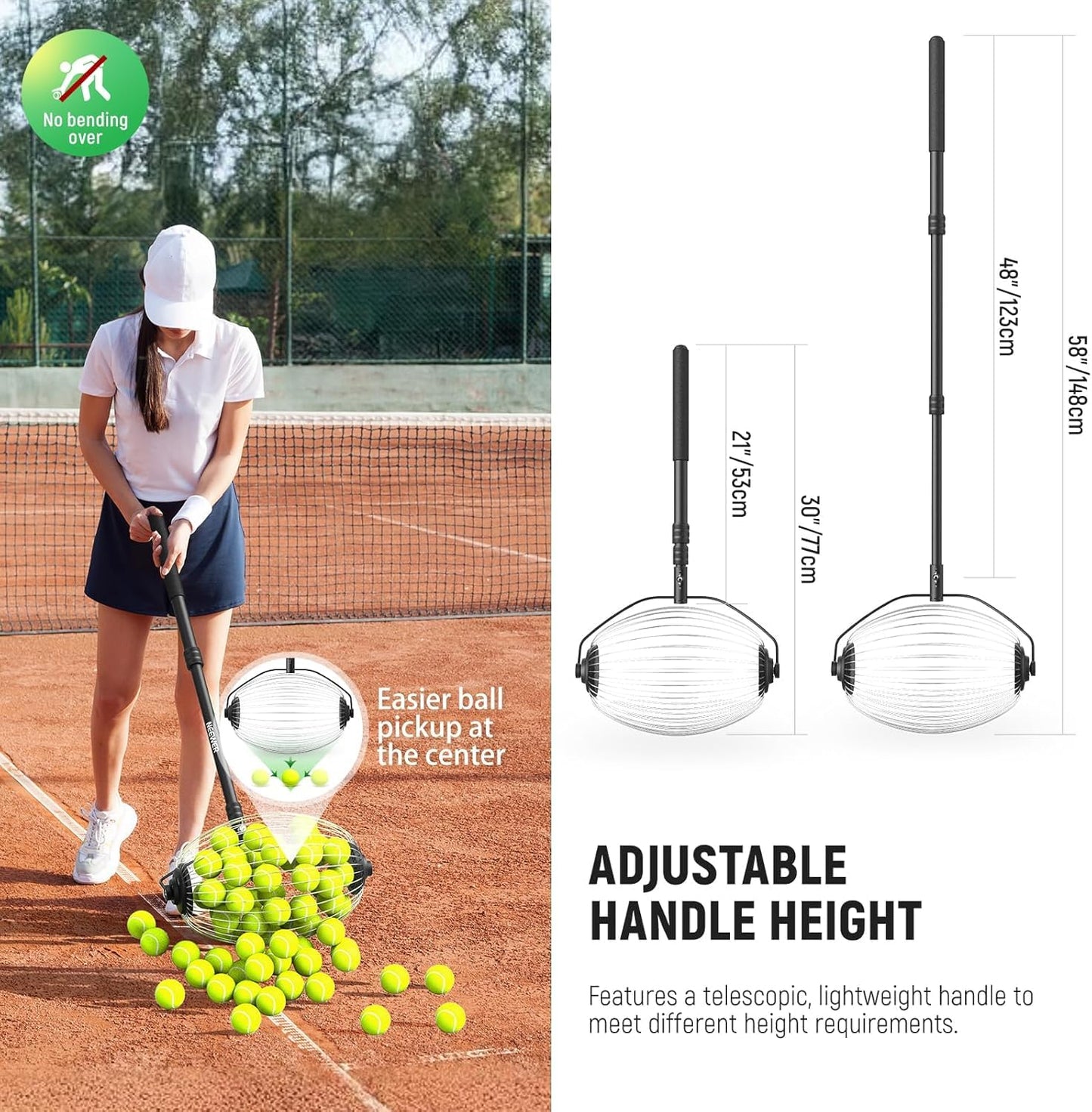 NEEWER Tennis Ball Pickleball Collector Roller, No Bending Over Quick Rolling Picker for 1.5"-3" Balls, 30-58"/77-148cm Telescopic Golf Ball Retriever for Up to 40 Tennis Balls, TB01S