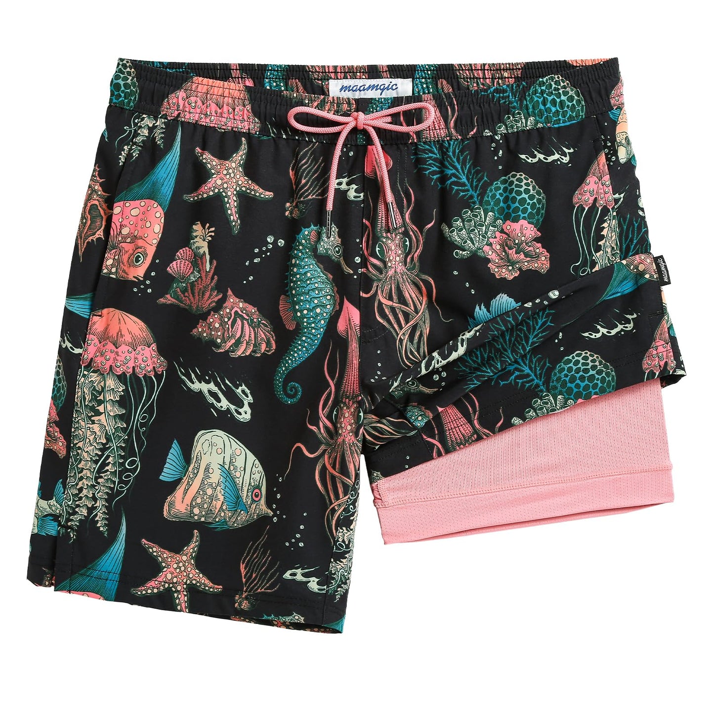 maamgic Mens Swim Trunks with Compression Liner 7 Inch Inseam Mens Bathing Suit Quick Dry Swimming Trunks Swimsuit Submarine Pink Black X-Large