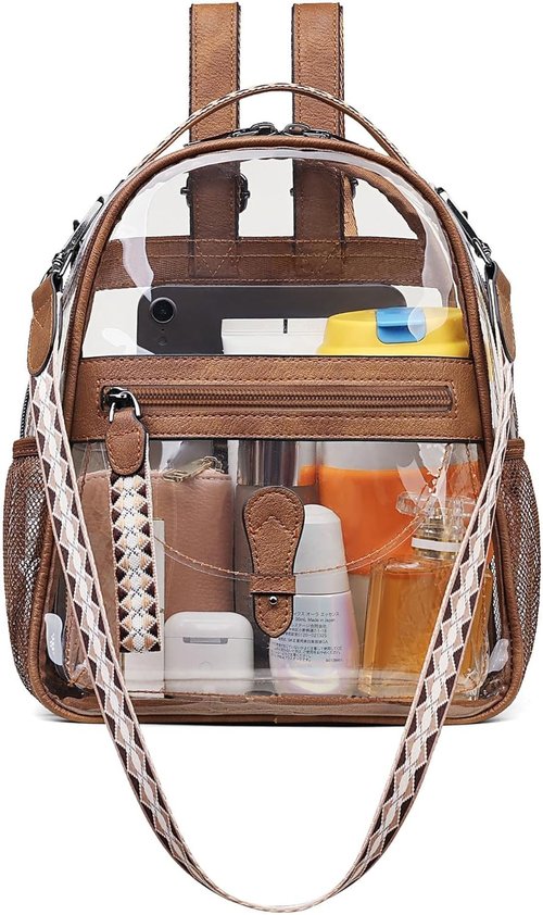 FADEON Clear Small Backpack Purse - Designer Transparent Shoulder Handbag | PVC Mini Bag for Stadium Use