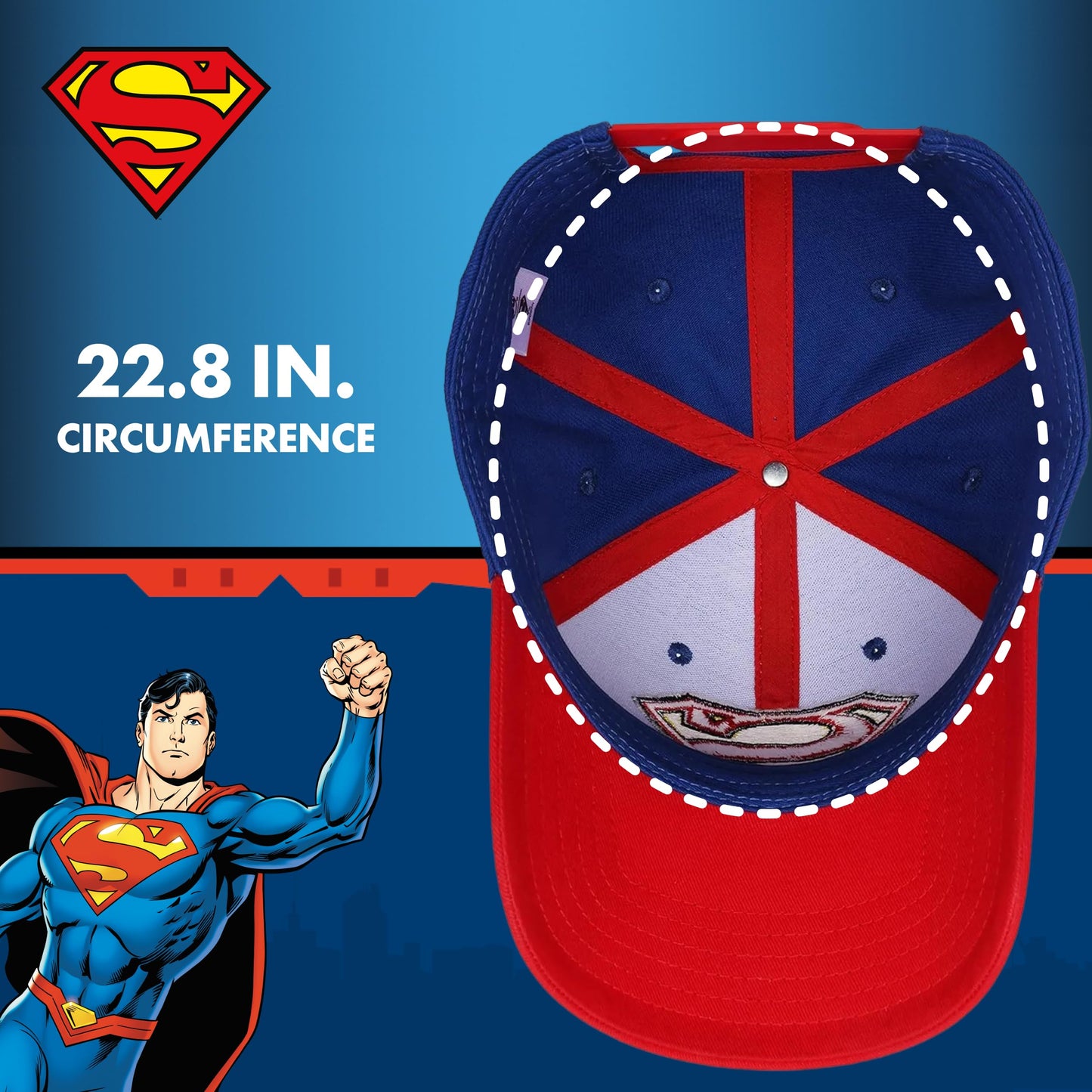 DC Comics Superman Baseball Cap, Adult Adjustable Snapback Hat with Flat Brim for Men and Women, Embroidered Logo, Navy, One Size