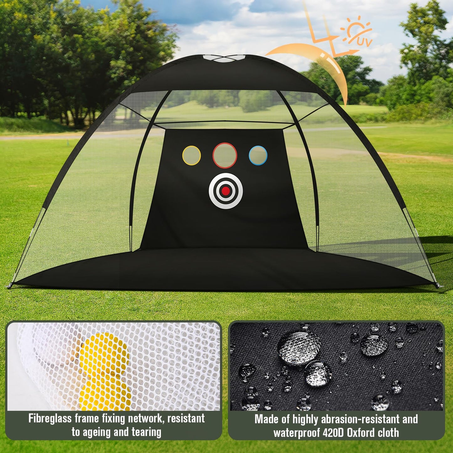 10x7Ft Golf Practice Net, Golf Net for Backyard Driving Real GolfBalls, All in 1 Golf Hitting Nets with Tri-Turf Mat, Impact Target, 10 Balls, 7 Tees, 2 Rubber Tees, Carry Bag