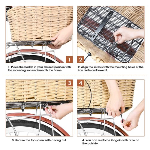 ANZOME Bike Basket Rear, Woven Rectangular Bike Basket with Waterproof Cover & Cargo NetMount on The Back Seat Fits for Most Rear Bike Racks