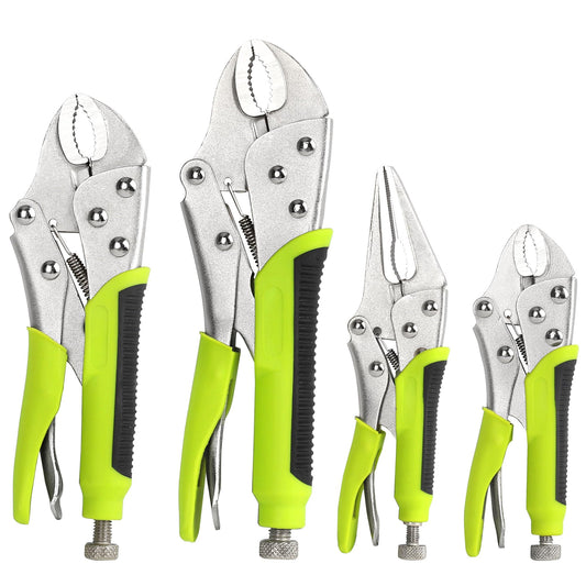 FASTPRO 4-Piece Locking Pliers Set with Heavy Duty Grip, 5", 7" and 10" Curved Jaw, 6-1/2" Long Nose Locking Pliers Included, Vise Grip Wrench Set, Green