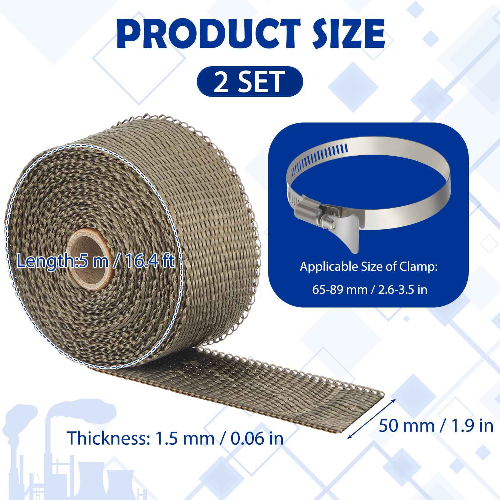 Gisafai 2 Rolls 1.97'' x 16.4' Fireproof Pipe Wrap Basalt Fiber Heat Shield Tape Heat Resistant Pipe Insulation Anti Scalding Chimney Ribbon Stove Flue Protector with Clamp for Motorcycle Exhaust