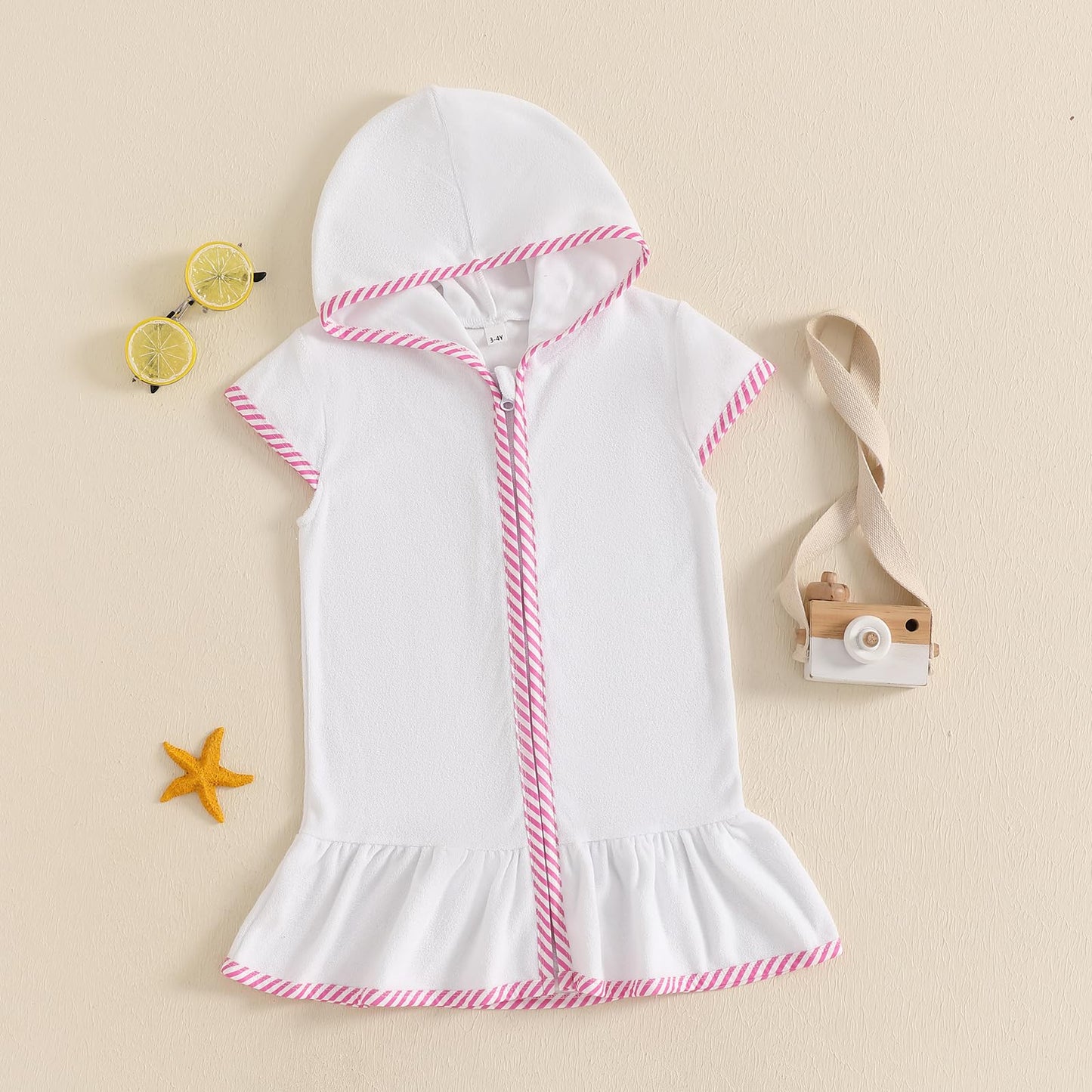 SAYOO Girls Terry Cloth Swim Cover Up Kids Hooded Swimsuit Coverup Zip-Up Striped Color Contrast Beach Bathing Robe Dress (Pink, 7-8T)