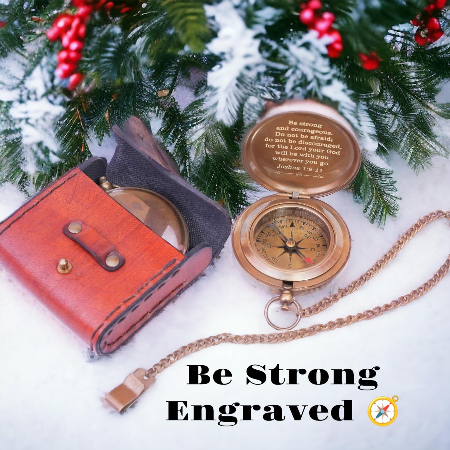 Religious Christian Gift Compass (Joshua 1:9) - Brass Compass with Leather Case - Engraved Personalized Compass - Baptism Gifts for Boys Girls - Confirmation Gift for Men