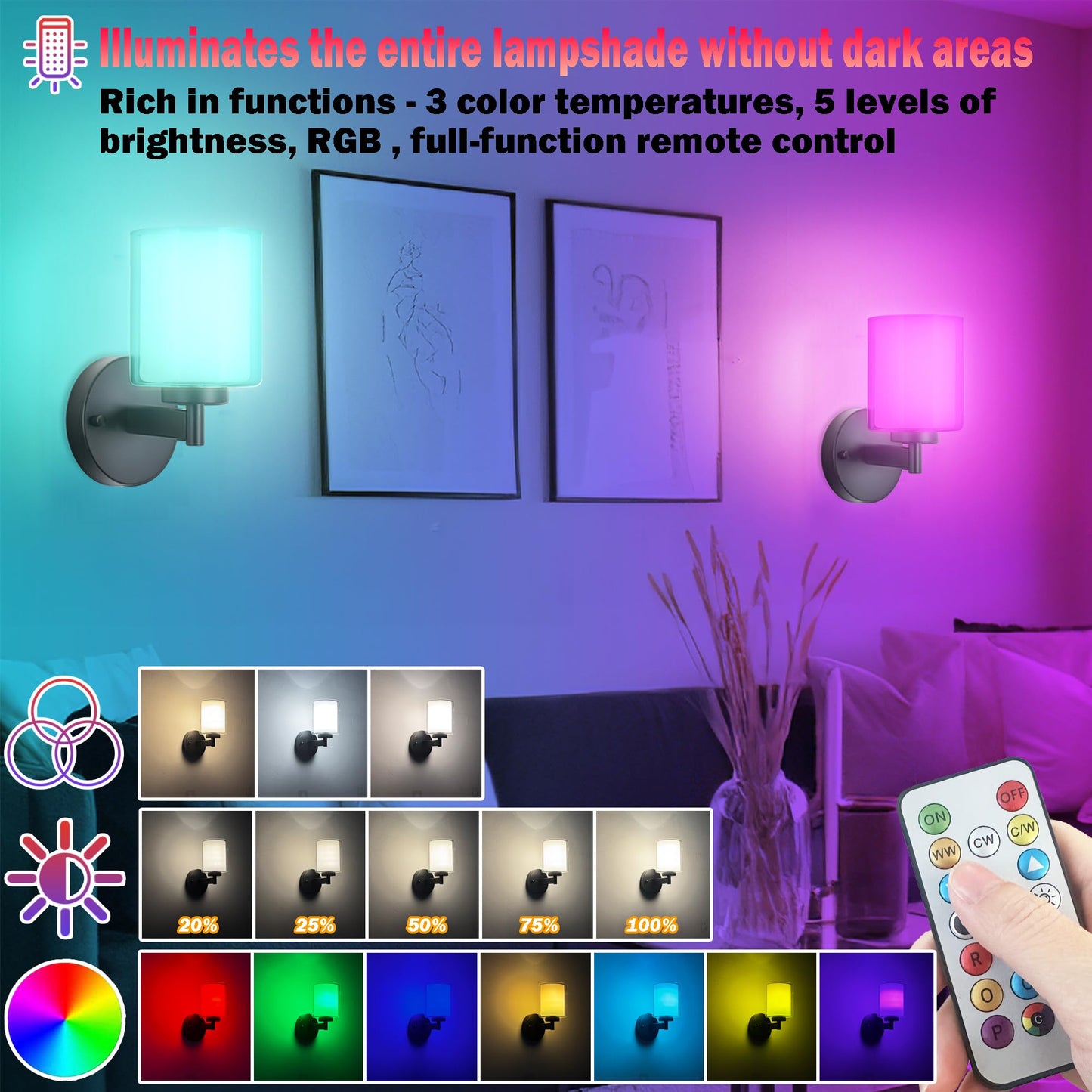Nekhung Battery Operated Wall Sconce Set of 2, Wireless Wall Sconce with Remote,10000mAh Rechargeable RGB Dimmable Bathroom Light Fixtures with Double Clear Glass Shade NOT Hardwired