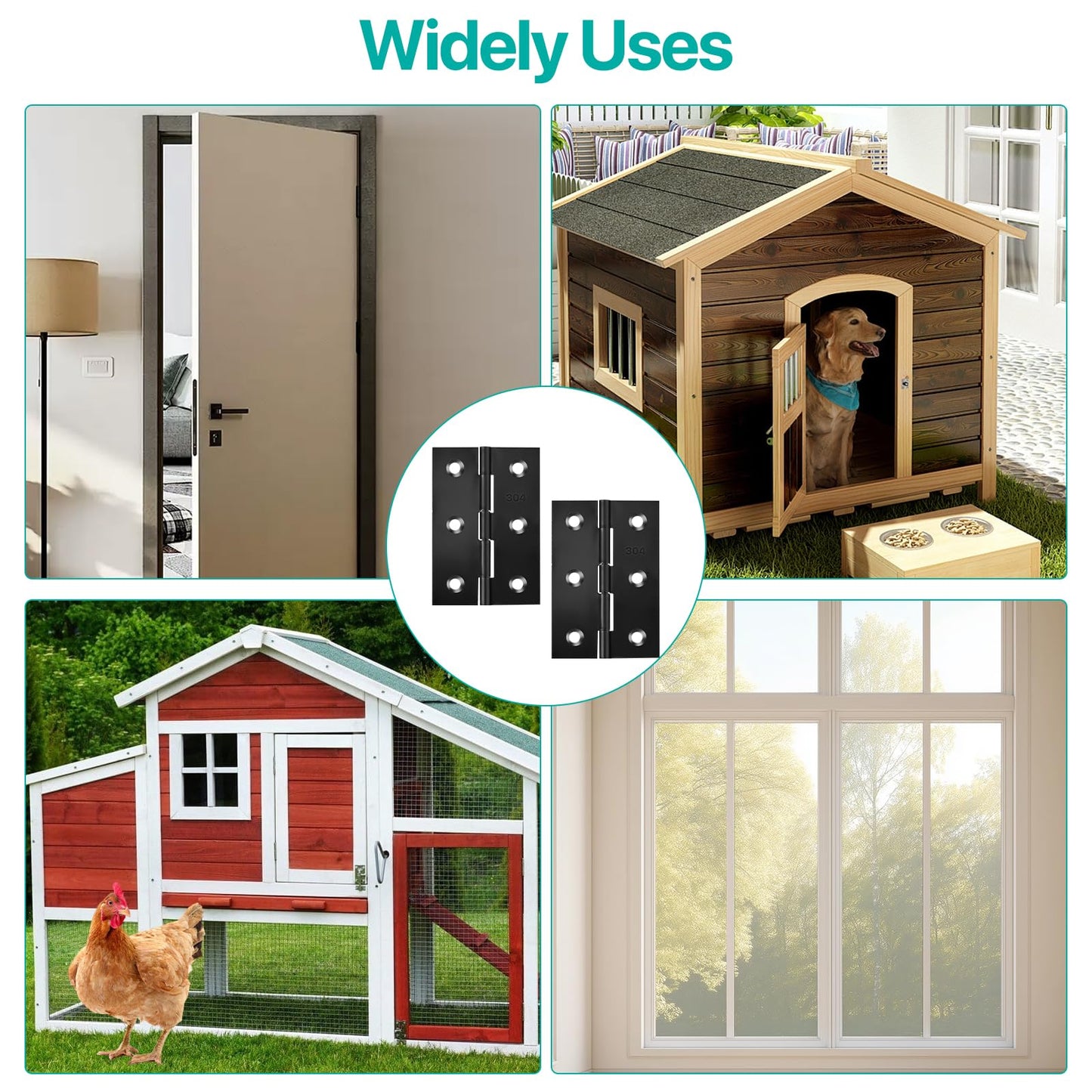 Black Door Hinges, 3 Inch Black Hinges for Furniture Door Window Case Lid and Wooden Box Chest, Pack of 4 with 24 Screws