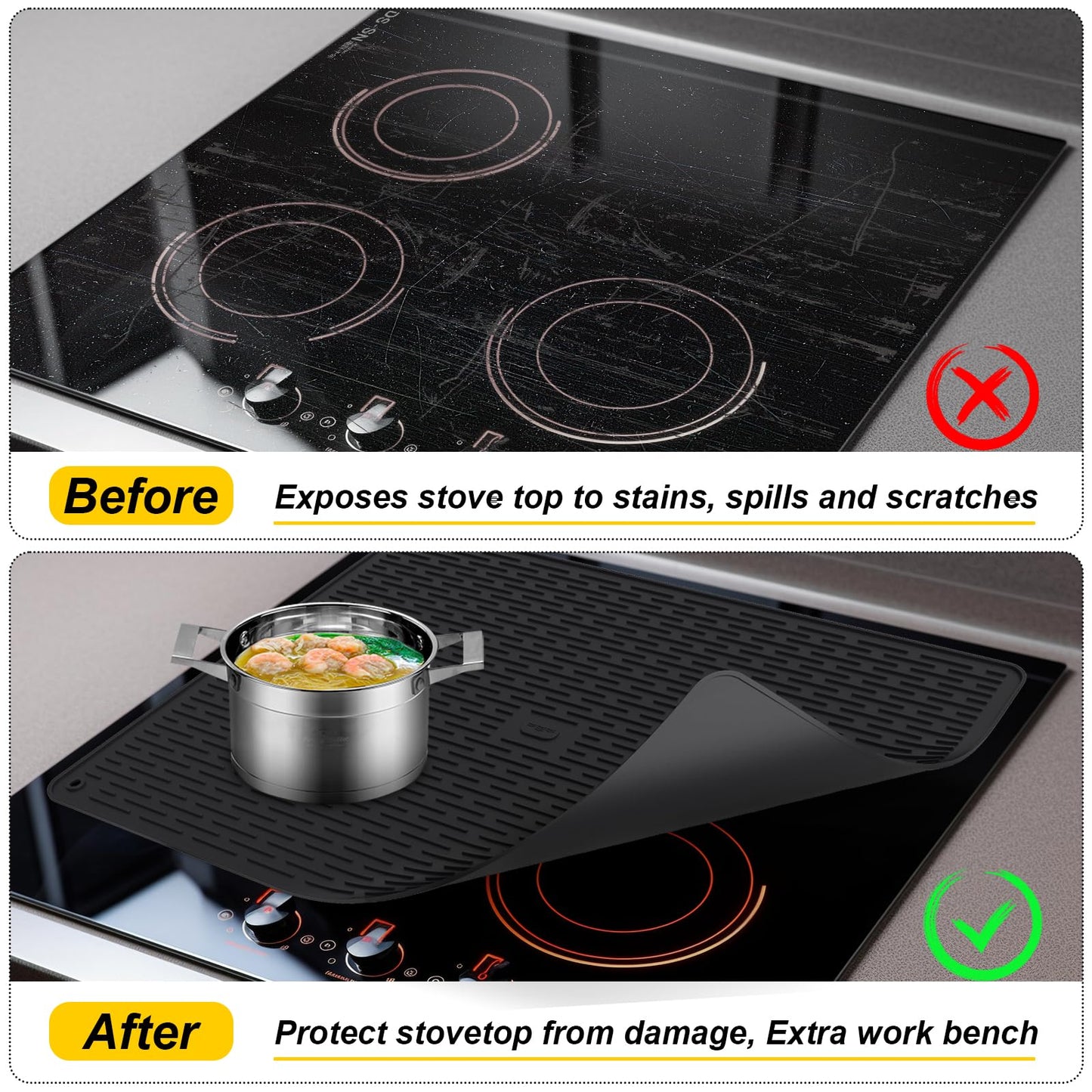 Stove Top Cover for Electric Stove, Stove Cover 28x20inch, Heat Resistant Stove Top Mat, Silicone Stove Mat for Glass Top Stove, Dish Drying Mat for Kitchen (Black, XL)