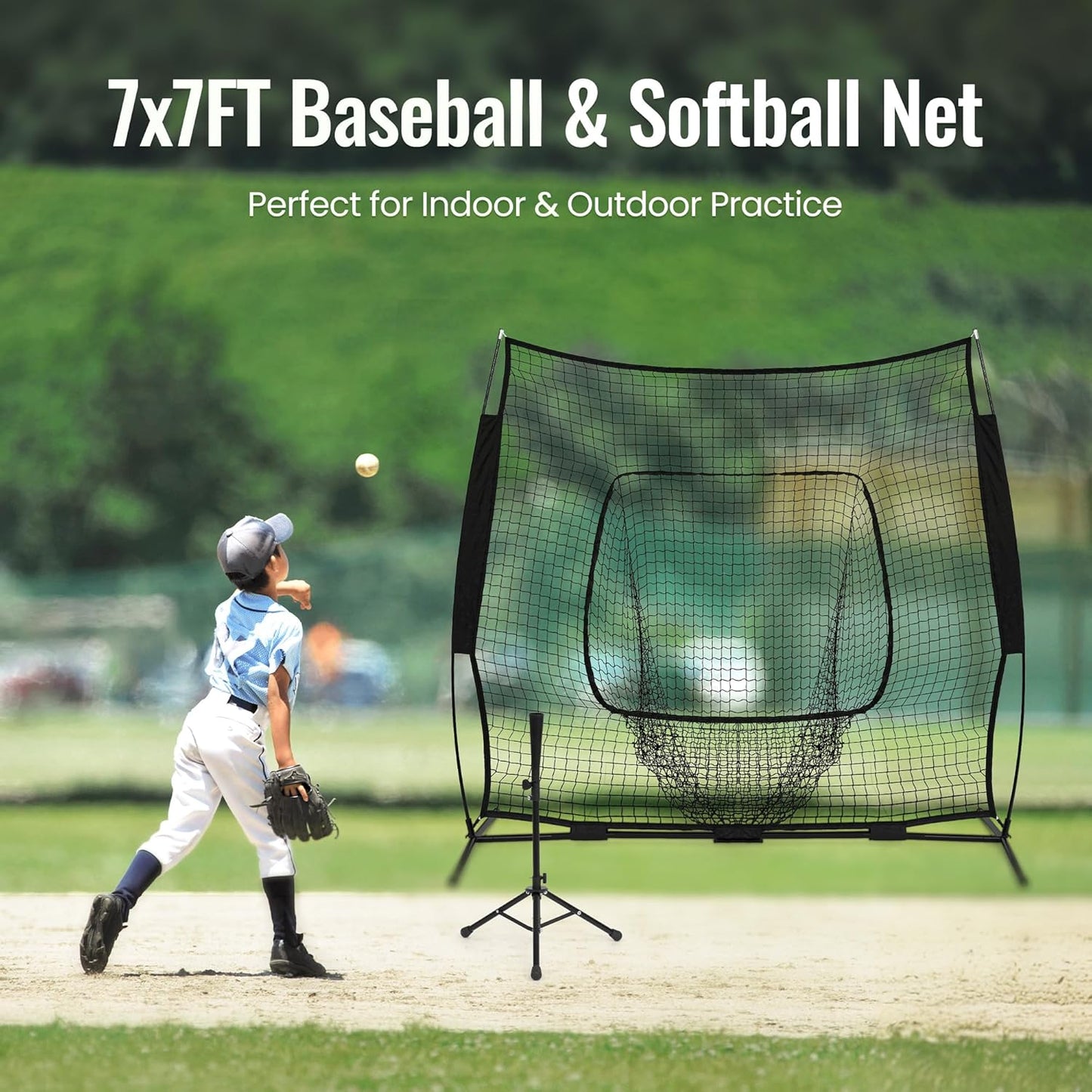 Skiennix 7x7 FT Baseball Net - Portable Batting Net with Tee, Strike Zone Target & Carry Bag