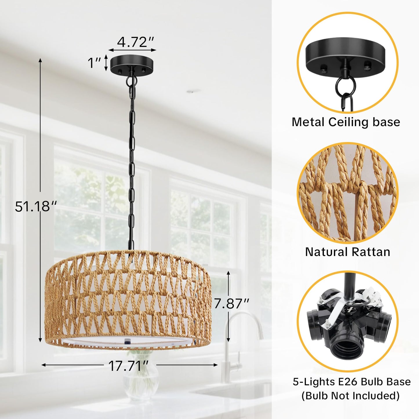 Boho Rattan Chandelier for Dining Room,5-Light Farmhouse Chandelier Light Fixtures, Hand Woven Chandeliers with Fabric Shade,Rustic Pendant Light Fixtures for Kitchen Island,Bedroom,Living Room