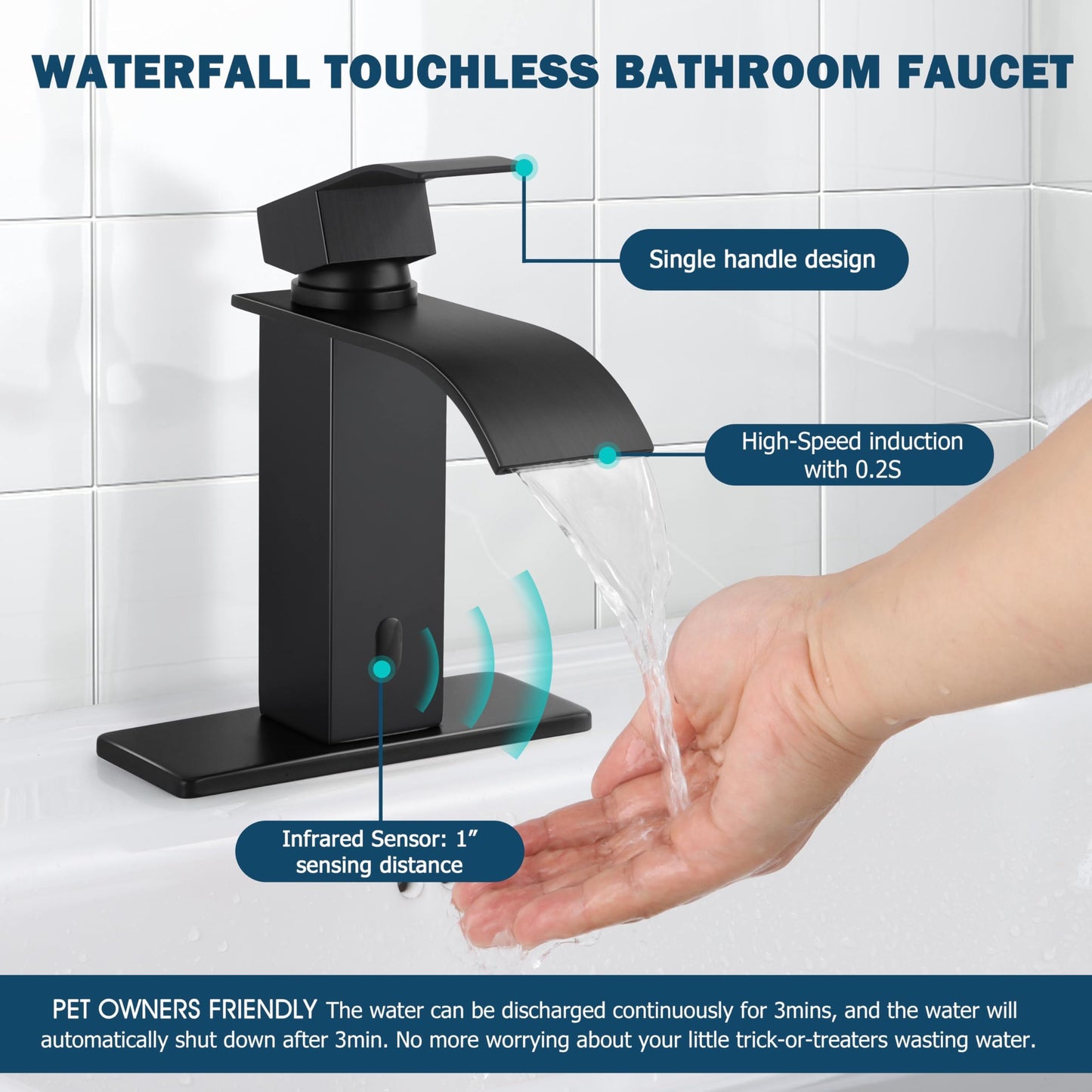Touchless Bathroom Sink Faucet, Herogo Automatic Sensor Matte Black Waterfall Stainless Steel Bathroom Faucet with Brass Pop Up Drain for Vanity RV Lavatory Farmhouse