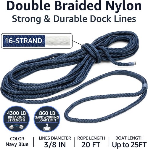 Double Braid Dock Lines by [Brand Name] – 3/8" x 20' Heavy Duty Nylon Boat Ropes – Soft & Durable with 12" Spliced Eye (Navy Blue)