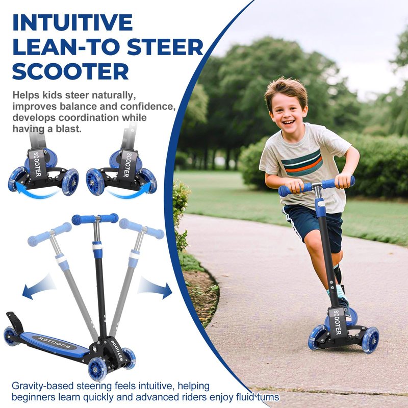 Foldable Kids Scooter with Lean-to-Steer Technology, LED Light-Up Wheels, and Quick-Adjust Handlebar – Ideal Outdoor Gift for Ages 3/4/5/6/7