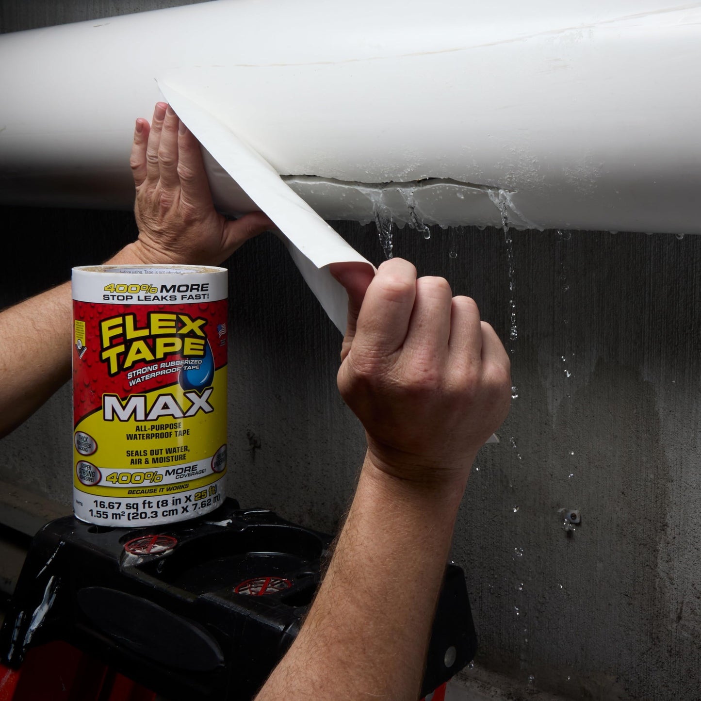 Flex Tape, MAX, Original Thick Flexible Rubberized Waterproof Tape - Seal and Patch Leaks, Works Underwater, Indoor Outdoor - Home RV Roof and Pool Repairs, White, 8 in x 25 ft, Pack of 1