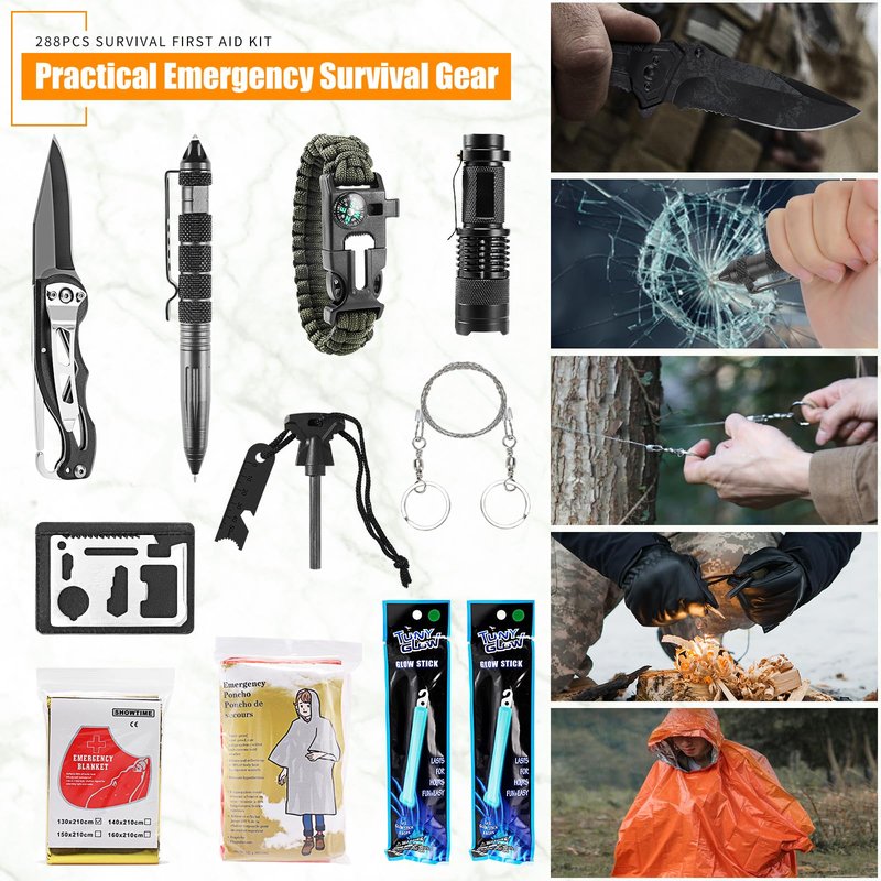 Survival First Aid Kit, Molle Medical Pouch 288PCS Outdoor Emergency Survival Gear and Equipment for Hiking Camping Hunting Car Boat Home Travel and Adventures, Gift for Him Men(Khaki)