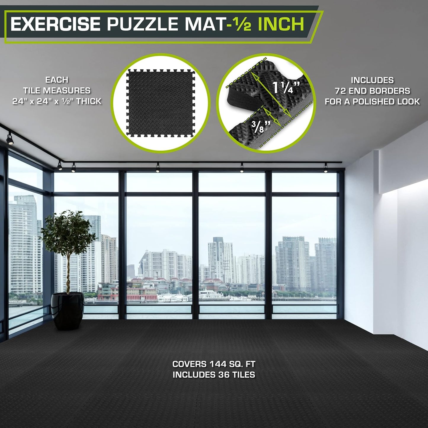 ProsourceFit Puzzle Exercise Mat - Water-Resistant EVA Foam Tiles for Home Gym | Black, 24" x 24" x ½" - 36 Tiles, 144 Sq Ft