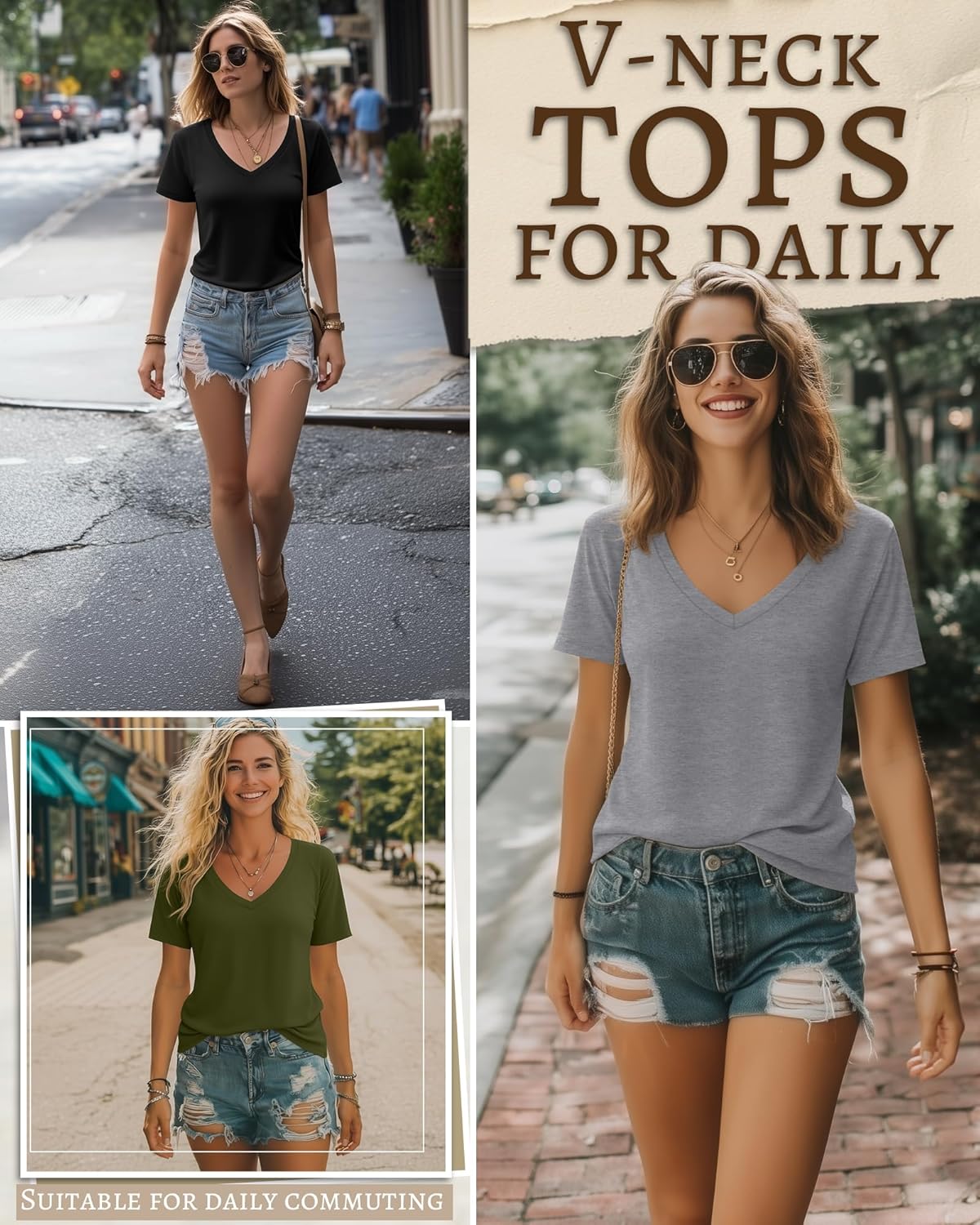 Riyiper Women's V-Neck T-Shirts - 3 Pack Casual Short Sleeve Tops | Trendy Loose Fit Tees