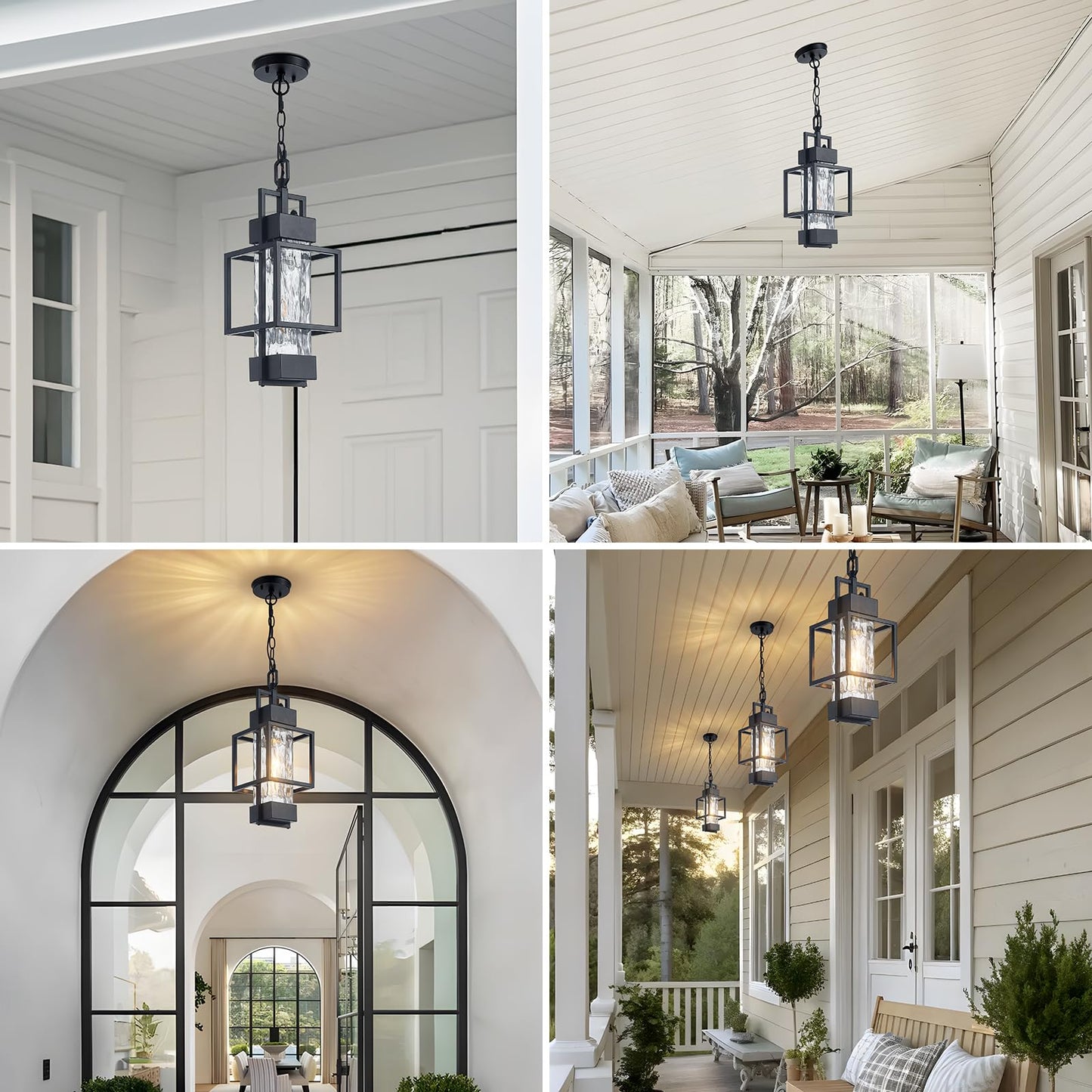 AIBISOD 17" Outdoor Chandelier Pendant Light Fixture for Porch, Modern Black Dusk to Dawn Exterior Hanging Pendant Lantern with Water Glass, Bulb Included, Perfect for Front Porch Door Entrance Foyer