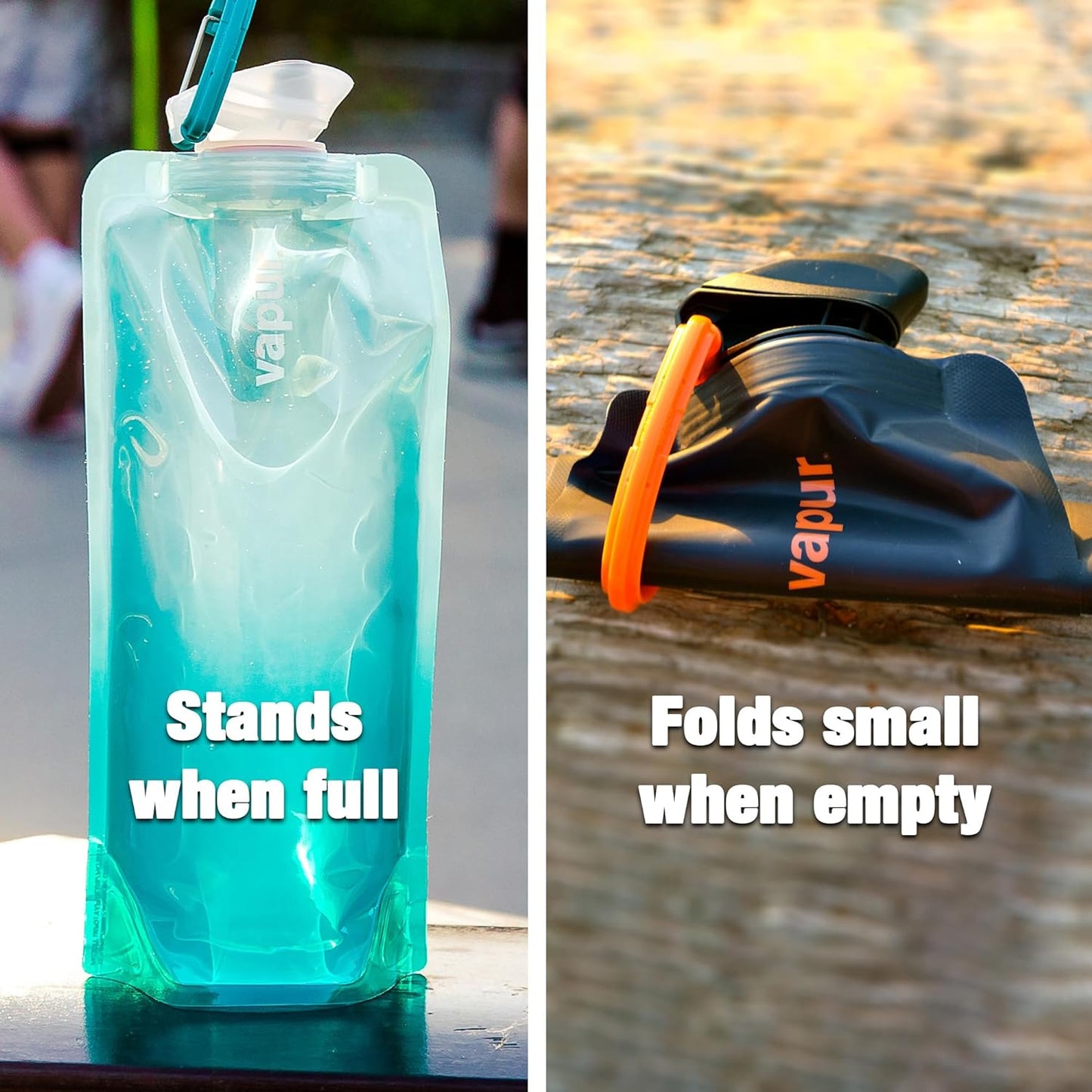 Vapur Collapsible Water Bottle - Compact Hydration Solution with Carabiner | 34 Ounce, Blackout, Pack of 2