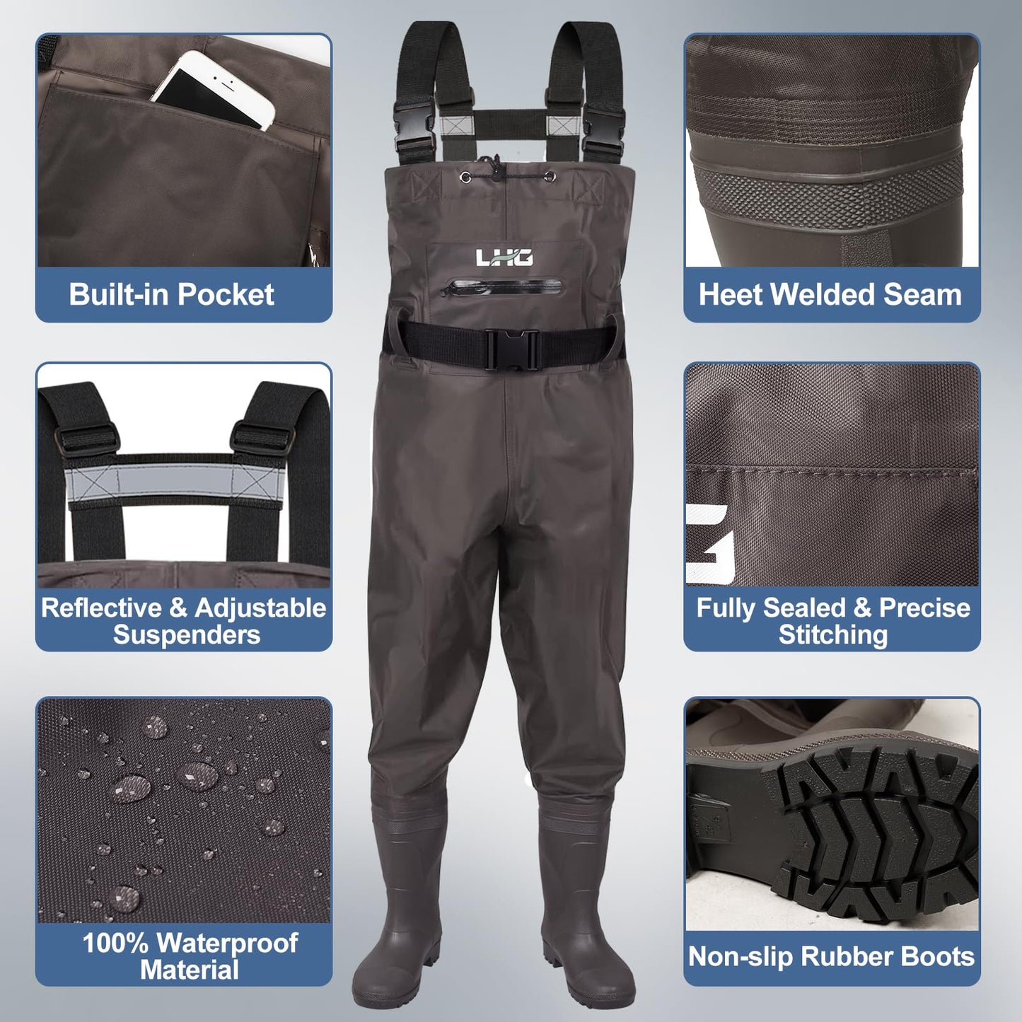 LHG Fishing Waders Waterproof Bootfoot Chest Waders 2-Ply 420D Nylon/PVC Duck Hunting Wader for Men Women