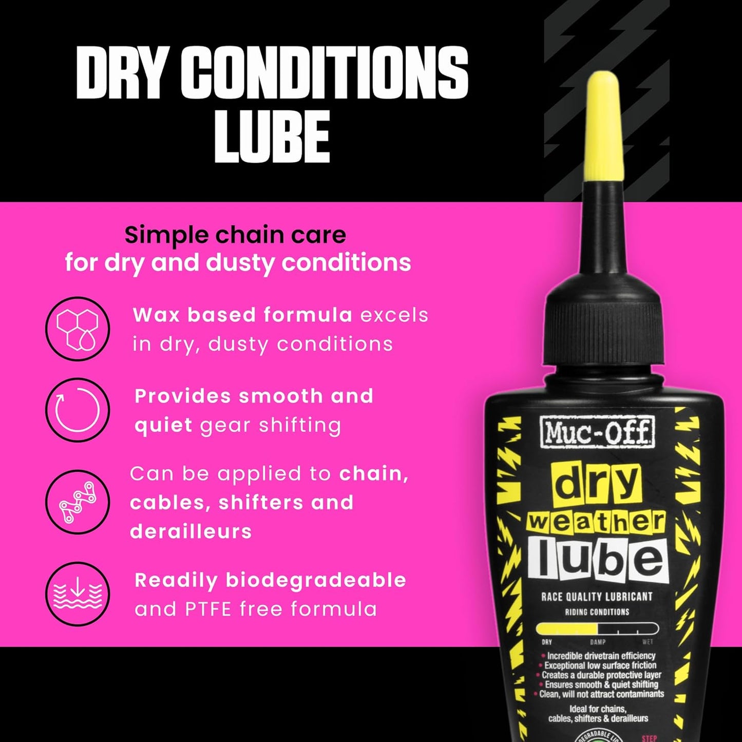 Muc-Off Bio Dry Bike Chain Lube - Wax-Based Formula for Smooth Shifts | Includes Microfiber Cloth