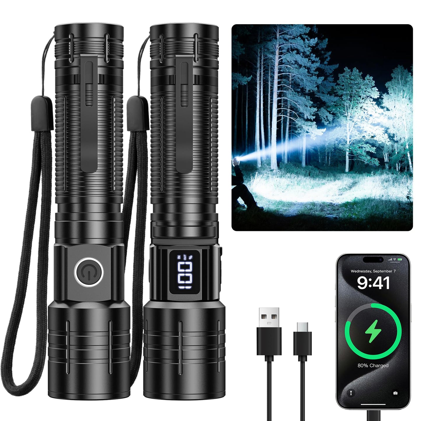 AdamStar Flashlight High Lumens Rechargeable, Super Bright Powerful Flashlight High Powered LED Flash Lights, Pocket Flashlight with 6 Modes, Zoomable Waterproof Handheld for Camping Emergency