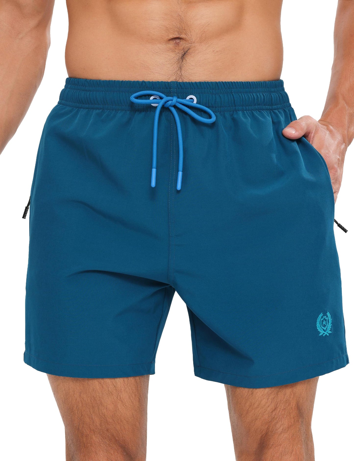 APTRO Mens Swim Trunks 5 inch Board Shorts Quick Dry Bathing Suits with Mesh Lining Beach Swim Shorts with Zipper Pockets Peacock Blue M