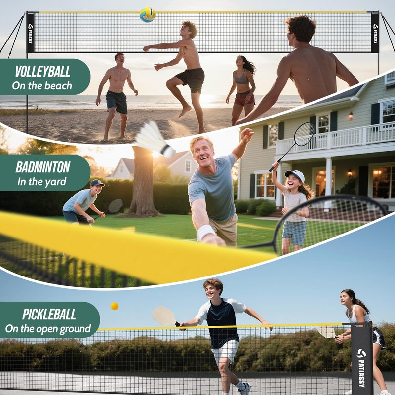 Patiassy Portable Badminton Volleyball Pickleball Net for Backyard, 17FT Combo Set with 5.1ft-7.4ft Adjustable Height for Outdoor Driveway Games, 4 Rackets, 3 Shuttlecocks, 1 Ball and Carry Bag