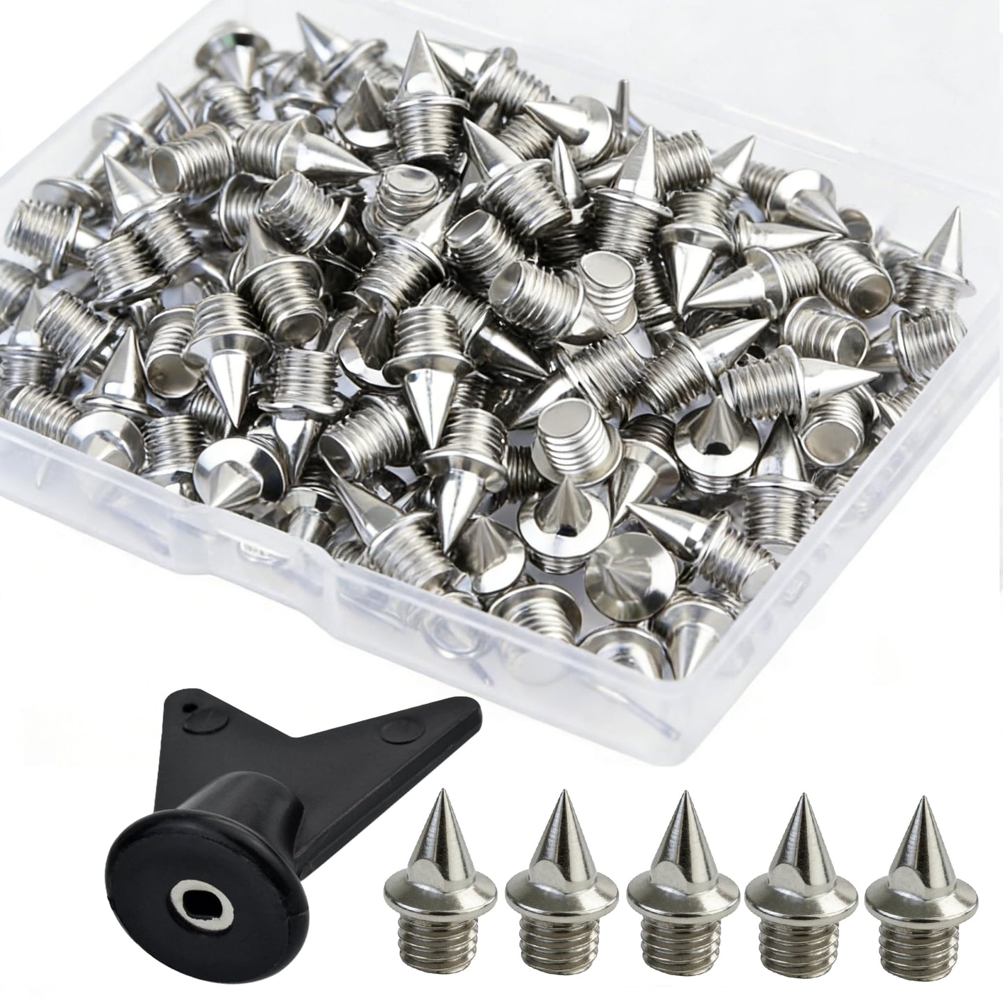 Wobe 200 Pcs 1/4" Stainless Steel Track & Cross Country Spikes with Spike Wrench, Shoe Replacement Spikes for Sprinting, Sports & Running Shoes Golf (Silver)