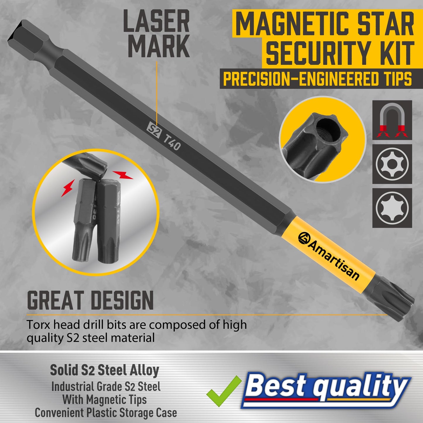 Amartisan 12-Piece Torx Bit Set, S2 Steel, 4" Long T5 - T40, Security, Tamper Resistant Fastener Drive Bit