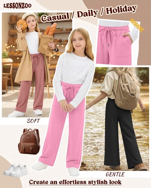 LessonZoo 4 Pack Girls' Straight Leg Sweatpants, Kids Drawstring Casual Joggers Teen Loose Open Bottom Pants with Pockets(Coral Pink, Pink, Light Gray, Black,Large)