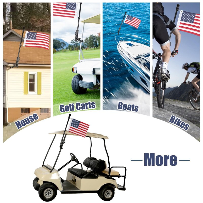 CHENGWEI Golf Cart Flag Holder & Flag Pole Mount Kit, Heavy Duty Aluminum Alloy Windproof Bracket Fits EZGO Club Car Yamaha, Push Cart, Boat, Bike, Includes USA Flag for Independence Day Decor