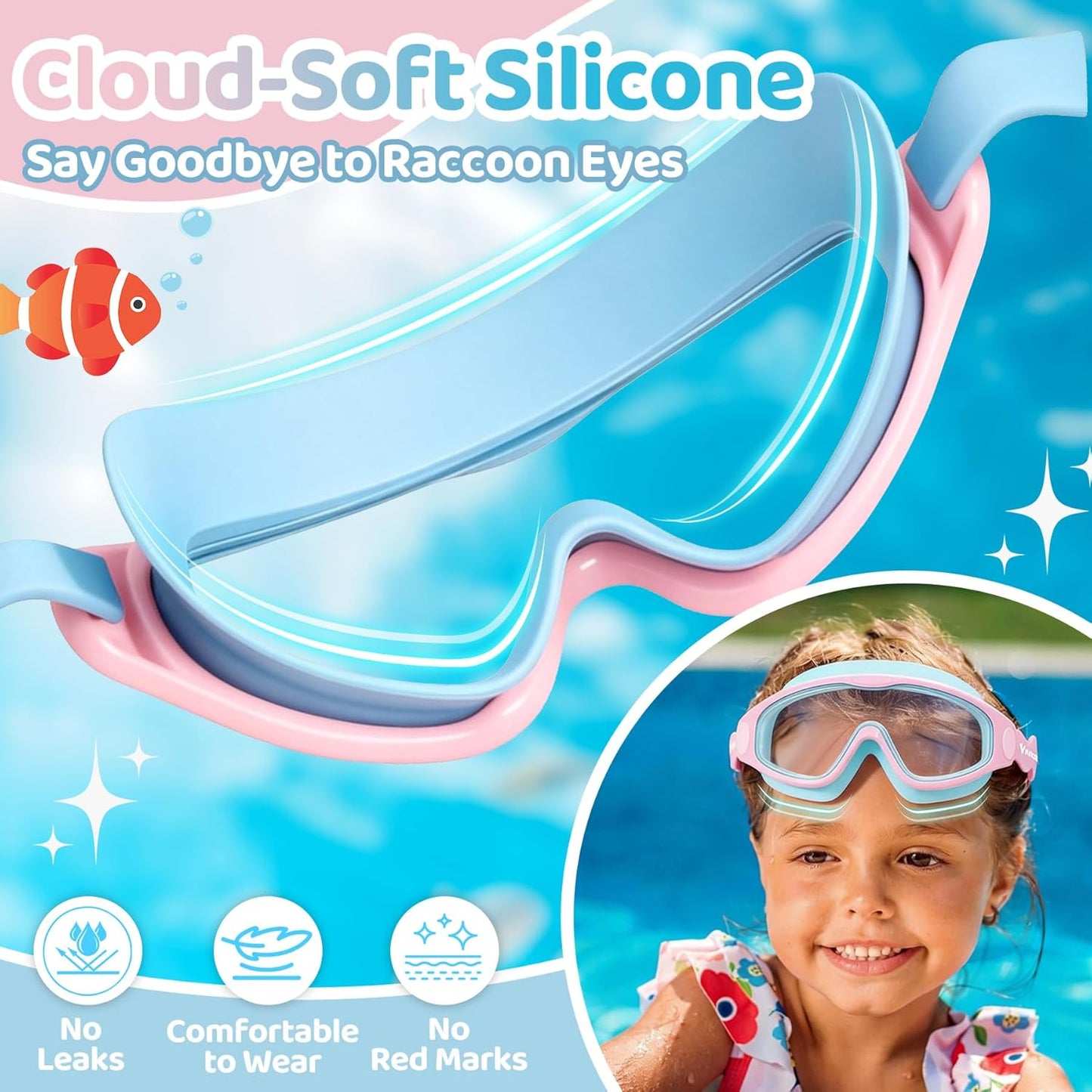 Vvinca Kids Swim Goggles - Soft Wave-Shape Strap for Comfort | Anti-Fog, Leak-Free, 2 Pack (Ages 3-15)