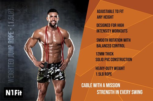 Weighted Jump Rope - (1.5LB) Solid PVC 12mm Diameter for Crossfit and Boxing - Heavy Jump Rope with Memory Non-Slip Cushioned Foam Grip Handles for Fitness Workouts Endurance and Strength Training
