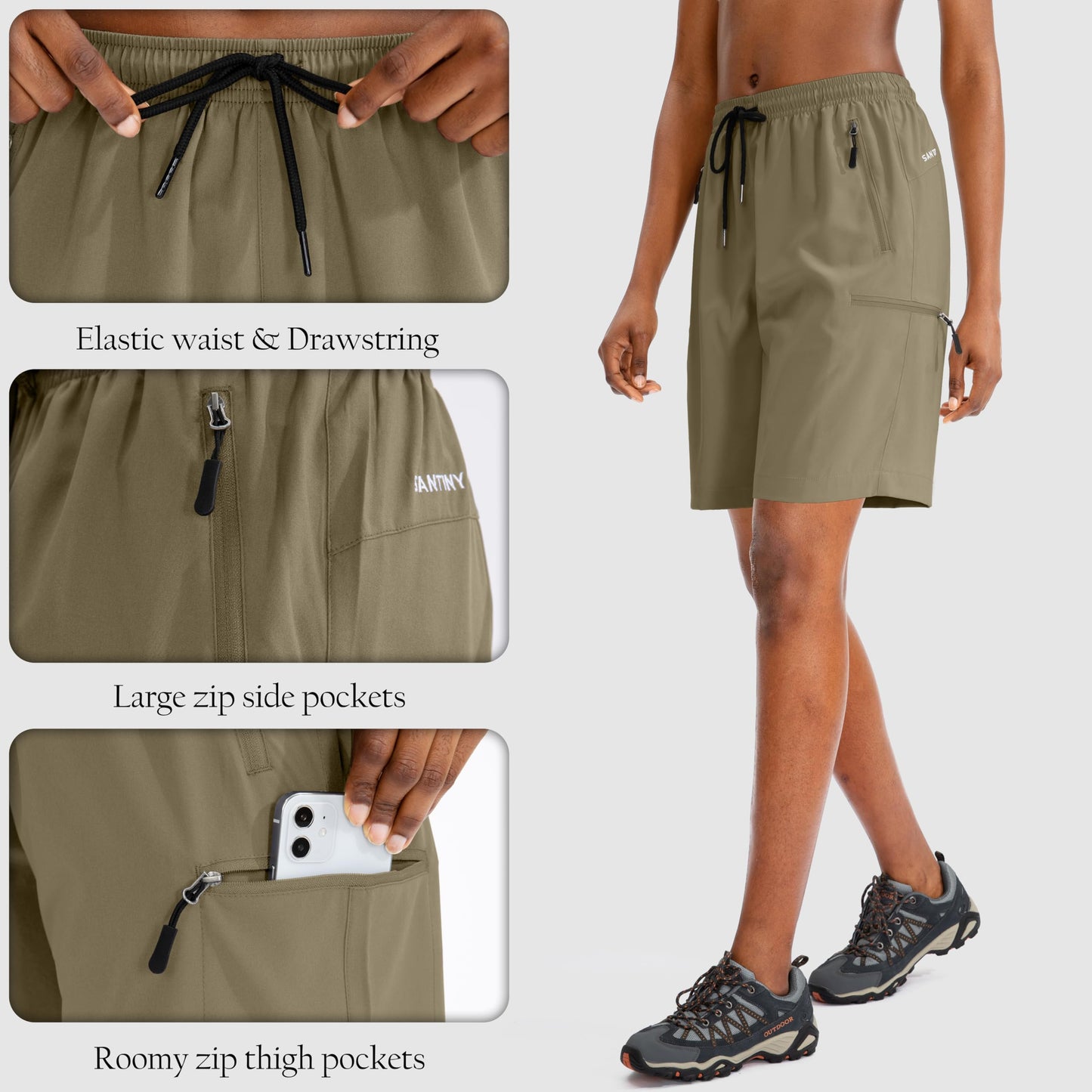 SANTINY Women's 5''/ 7''/9'' Hiking Cargo Shorts(Dusty Khaki_S)