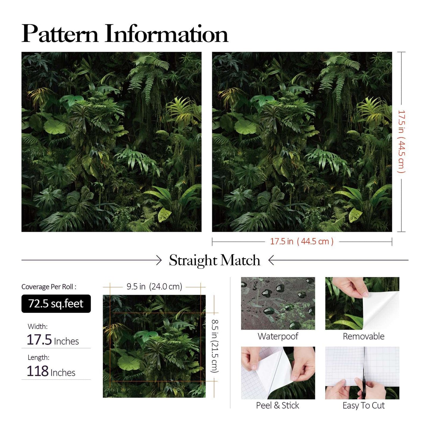 FunStick Dark Green Tropical Wallpaper Peel and Stick Jungle Leaf Wallpaper for Bedroom Bathroom Kids Room Removable Black Green Tropical Contact Paper for Wall Murals Cabinets Waterproof 17.5"x118"