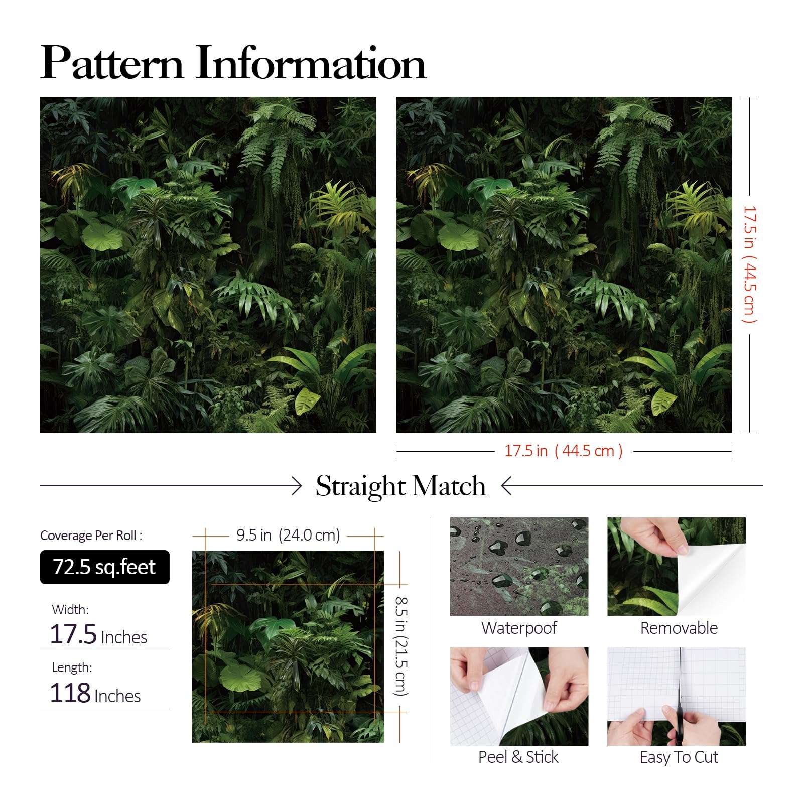 FunStick Dark Green Tropical Wallpaper Peel and Stick Jungle Leaf Wallpaper for Bedroom Bathroom Kids Room Removable Black Green Tropical Contact Paper for Wall Murals Cabinets Waterproof 17.5"x118"