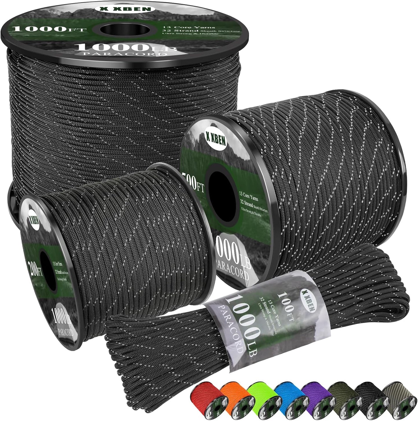XXBEN Paracord Rope - Heavy Duty 1000lb Reflective 4mm Cord for Camping, Fishing, Hiking | 50-1000ft, Black