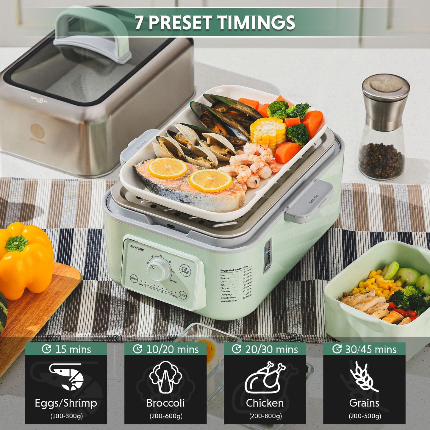 BUYDEEM G52 10.6 Quart 2-Tier Electric Food Steamer for 1-4 Servings, Vegetable Steamer for Cooking, 2-hour Keep Warm, 7 Preset Timings, Dual Boil-Dry Protection, Stainless Steel, Cozy Greenish