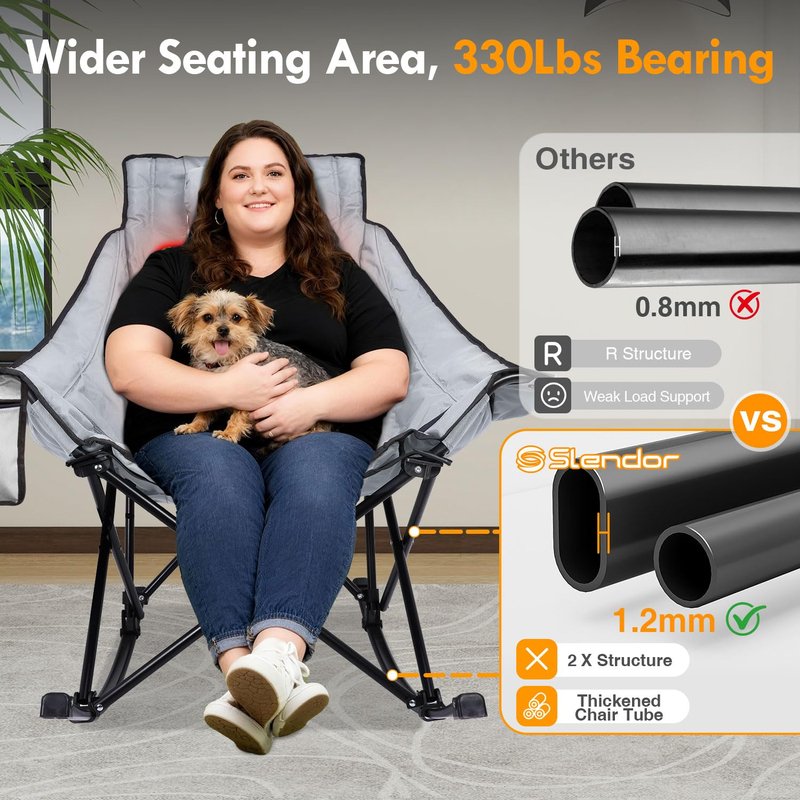 Slendor Oversized Camping Chair with 2000mAh Power Bank, Padded & Pillow Heated Rocking Chair, 3 Adjustable Heat Settings Camping Rocker Chair for Easy Setup and Foldable Storage, Gray