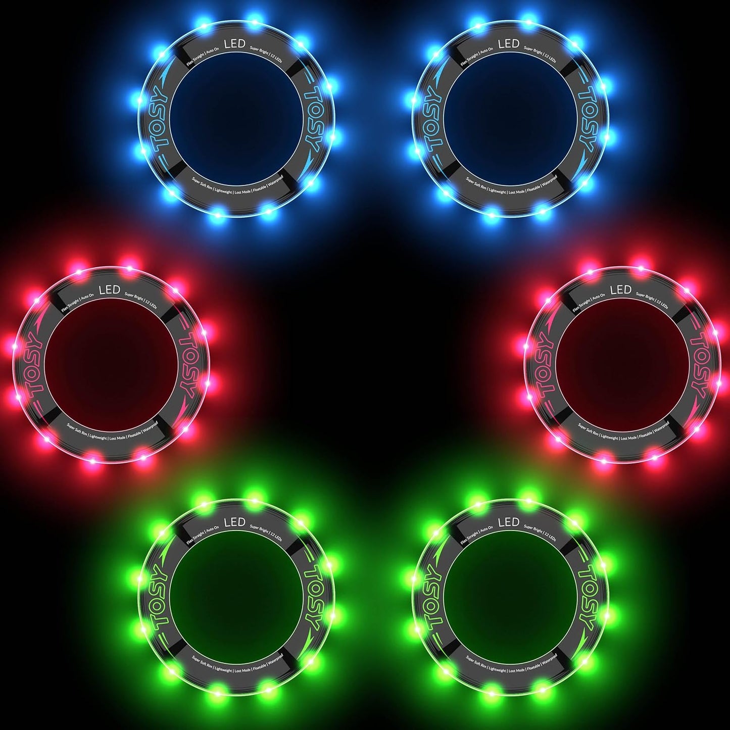 TOSY Flying Ring Bundle - 6-Pack with 12 Super Bright LEDs in Blue, Green, and Red