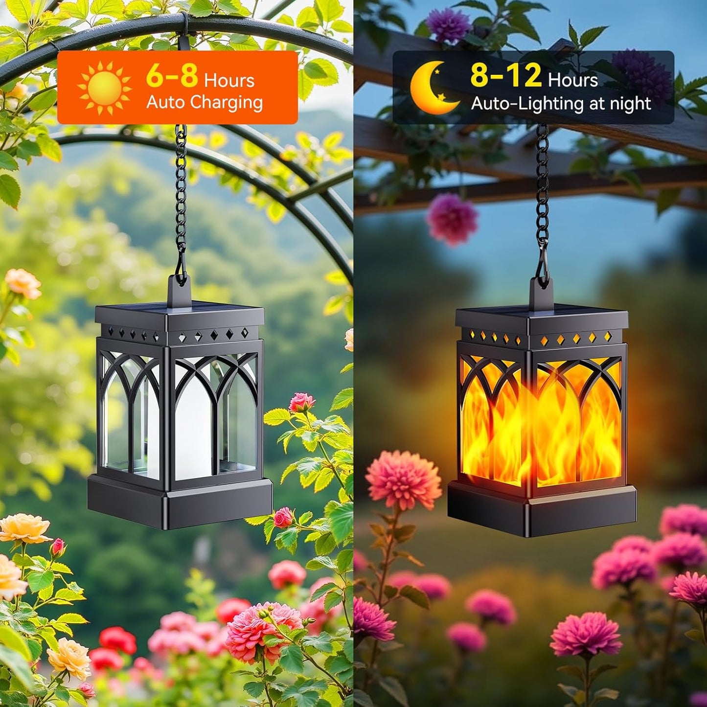 KOOPER Solar Lanterns 4 Pack - Waterproof Hanging Lights with Flickering Flame & Constant Modes for Garden, Patio, and Yard Decor