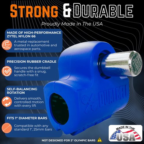 Blue DUALBELL Superset for 1” bar and black weight collars- Home gym dumbbell to barbell adapters - Connect Dumbbells to 1” standard diameter bar to replace weight plates- holds up to 100lb dumbbell