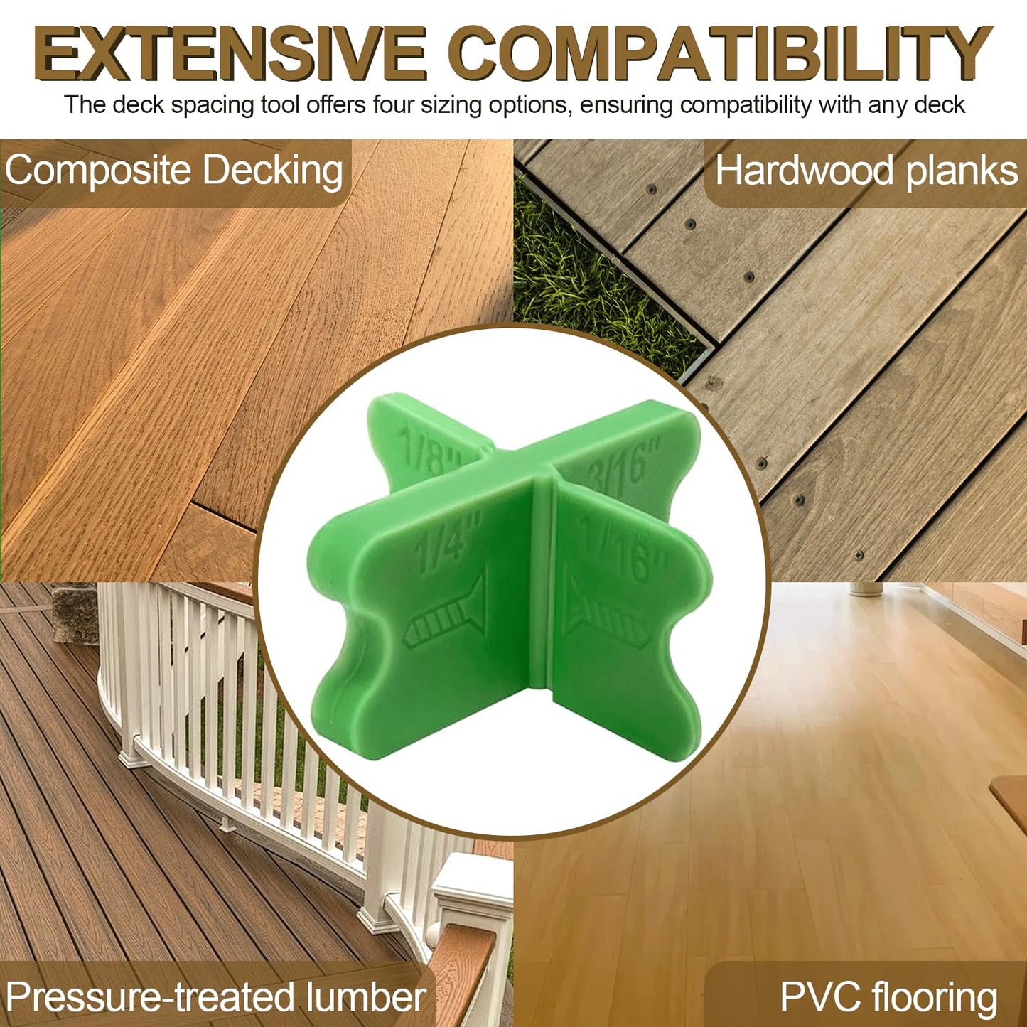 8 Pcs Deck Spacers Tool Set, 4 Thickness Options (1/16", 1/8", 3/16", 1/4") Deck Board Spacers for Composite Decking, Pressure Treated Lumber, PVC & Hardwood Boards (Green)