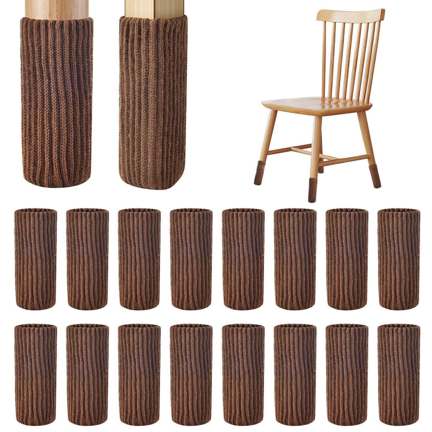 16 PCS Brown Furniture Leg Socks - Knitted Chair Leg Floor Protectors for Hardwood Floors - Fits Round and Square Legs - High Elastic Bar Stool Chair Leg Covers Furniture Caps Set for All Shapes
