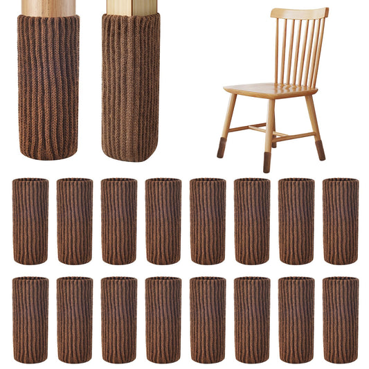 16 PCS Brown Furniture Leg Socks - Knitted Chair Leg Floor Protectors for Hardwood Floors - Fits Round and Square Legs - High Elastic Bar Stool Chair Leg Covers Furniture Caps Set for All Shapes