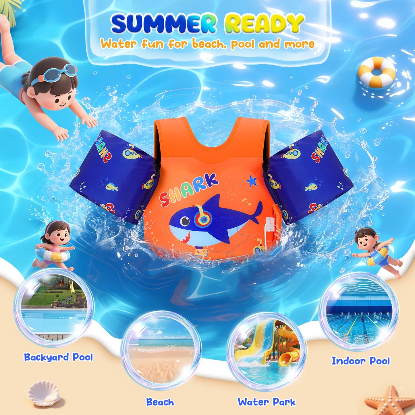 MoKo Toddler Swim Vest for Kids, Arm Floaties for Toddler 20-30-50 lbs, Water Wings with Emergency Whistle, Cute Arm Band Pool Floaties Swim Training Equipment for Pool, Orange Blue Headset Shark