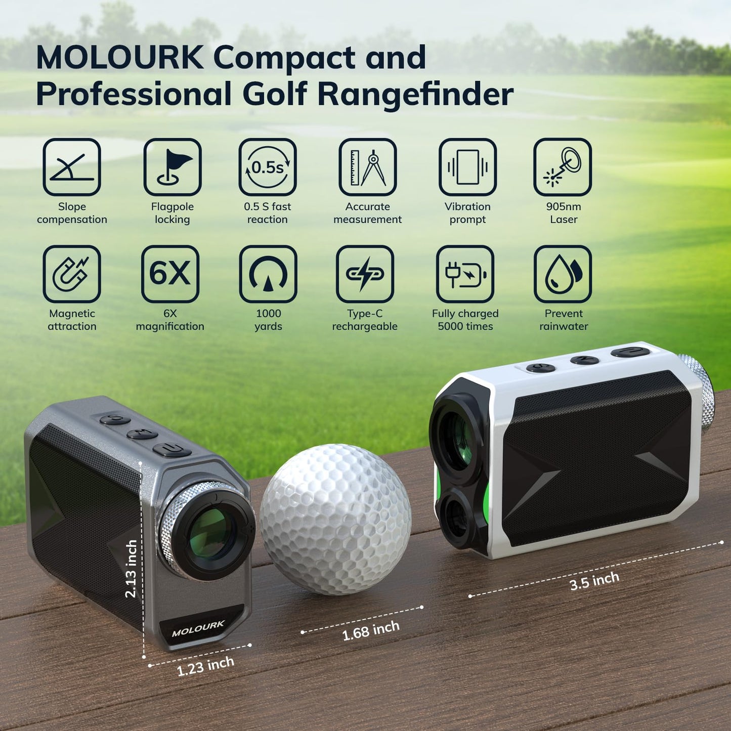 Mini Golf Rangefinder with Slope, Flag Pole Locking, High-Precision, Magnet Stripe, 6X Magnification, 1000 Yards Range Finder, Rechargeable Rangefinders, Golf Tournament Legal, White