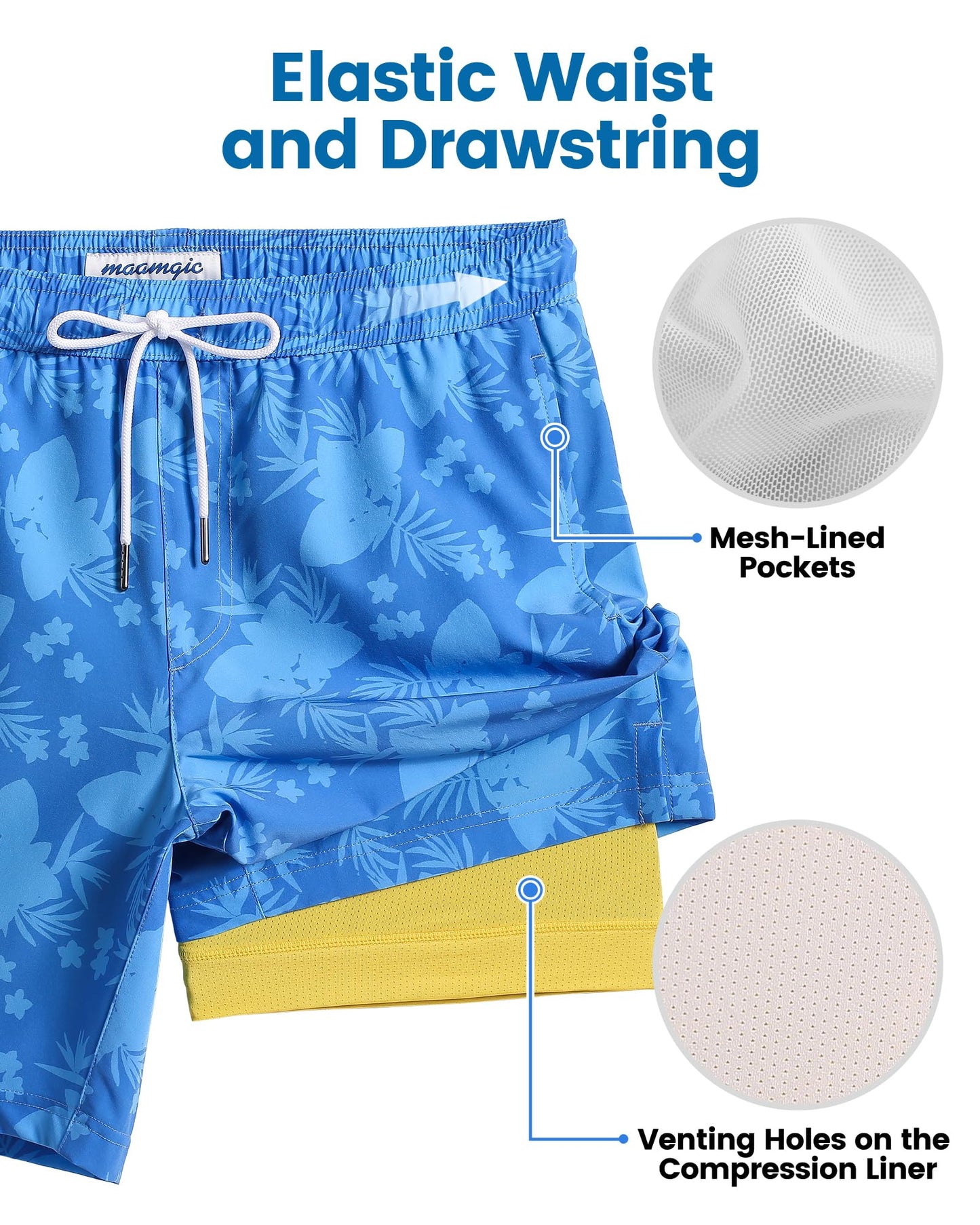 maamgic Mens Swim Trunks with Compression Liner 7 Inch Inseam Mens Bathing Suit Quick Dry Swimming Trunks Swimsuit Flower Blue Yellow Small